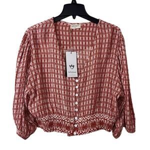 Talisman Halo Top Womens XL Orange Cropped Smocked Blouse Balloon Sleeve NEW